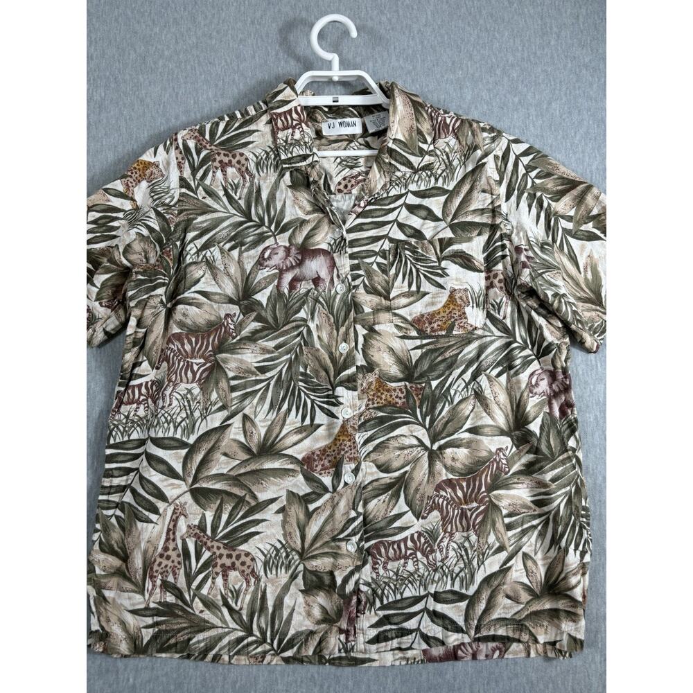 Vintage VJ Woman Safari Shirt Plus‎ Size 1X Cotton Blend Animals Short Sleeve